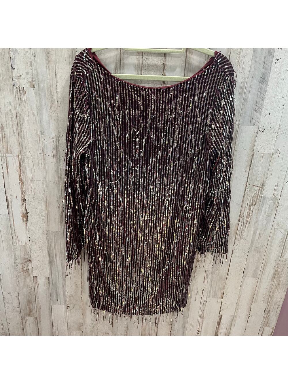 ZARA Burgundy Silver SEQUINNED Dress FRINGE LOW Back Long Sleeve Womens XS